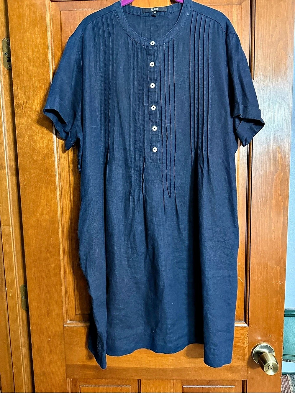 Quince 100% European Linen Short Sleeve Swing Dress - Deep Navy - XL